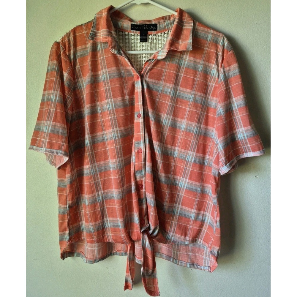 French Laundry Women's L Short Sleeve Flannel Tie Front Crochet Back Orange/Blue